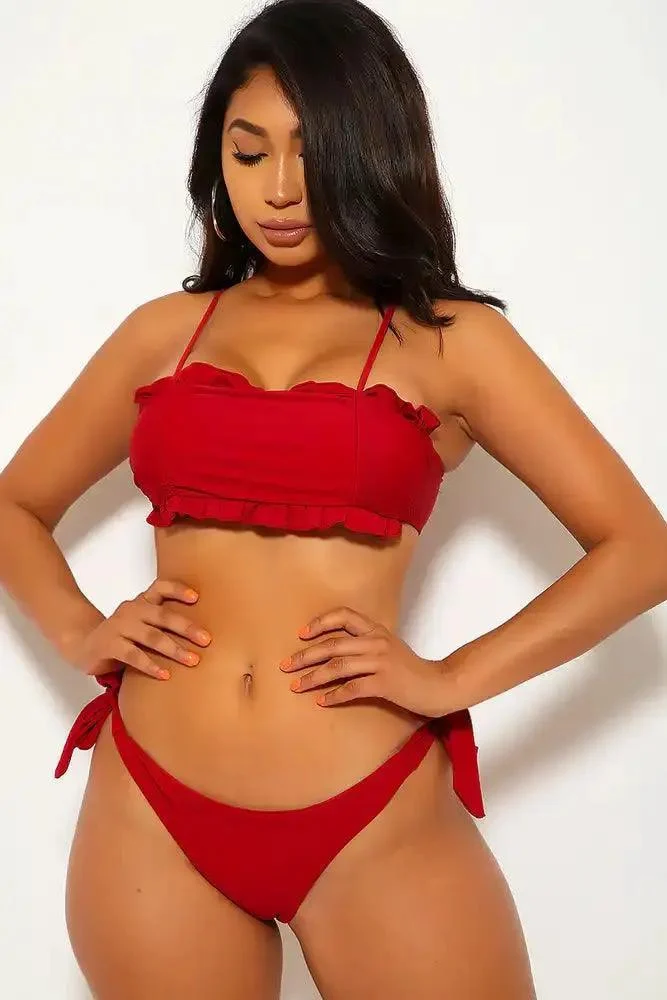 Wine Ruffled Two Piece Swimsuit