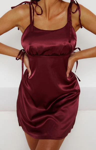 Wine Satin Ruched Bust Tie Detail Mini Dress - Azaria