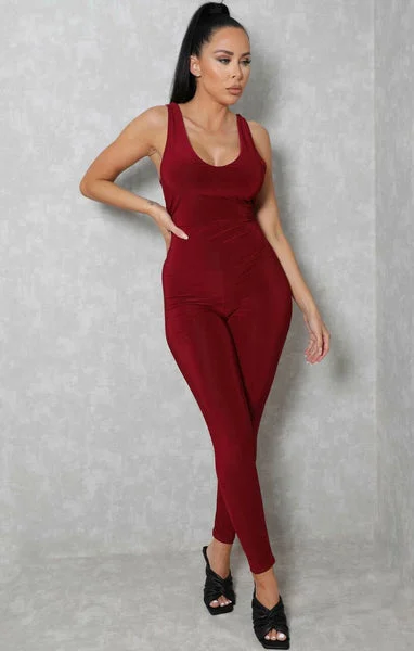 Wine Slinky Plunge Straight Leg Strappy Jumpsuit - Tiffany