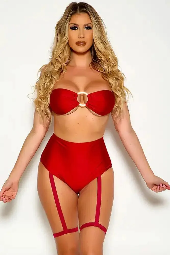 Wine Strapless Bandeau O-Ring High Waist Garter Two Piece Swimsuit