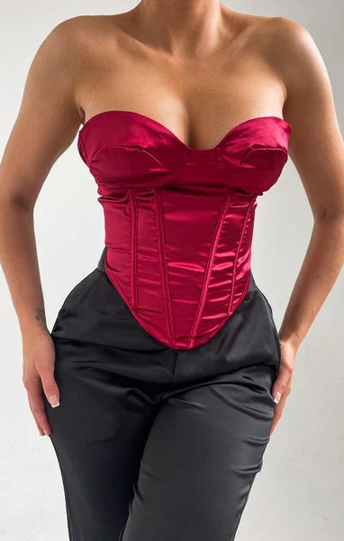 Wine Strapless Cup Detail Boned Corset Top - Fern