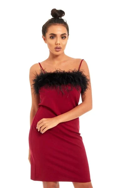 Wine Strappy Bodycon Black Fur Trim Mini Dress - Elithia