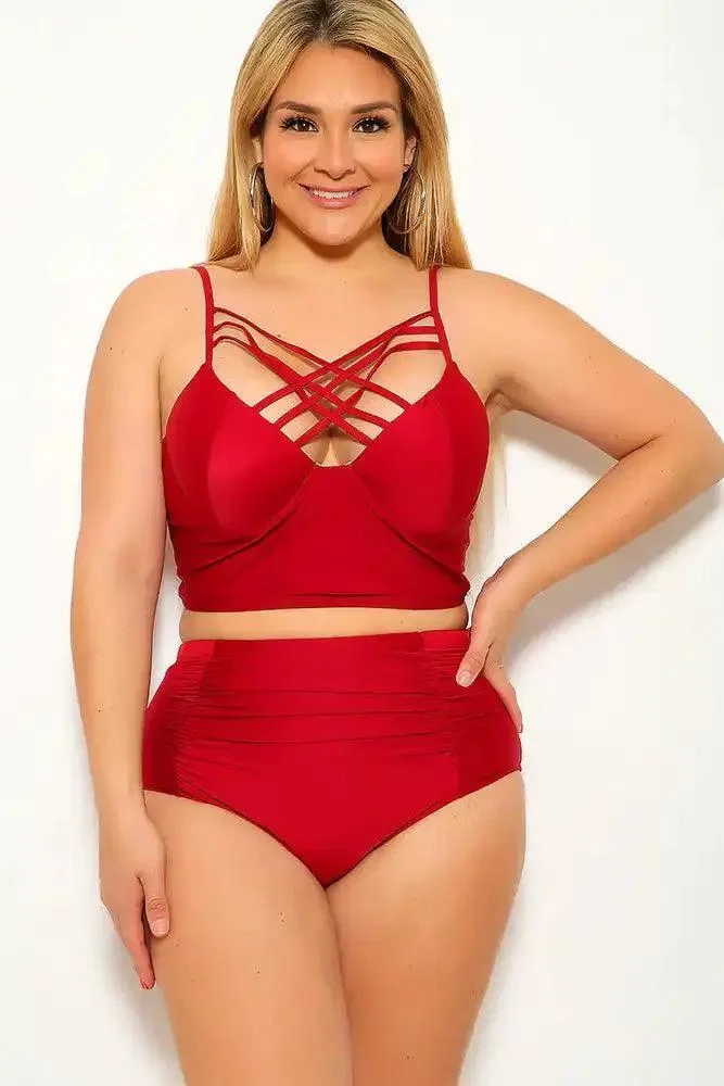 Wine Strappy Plus Size Two Piece Swimsuit