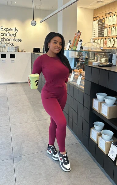 Wine Stretch Long Sleeve Top and Leggings Activewear Set - Elara