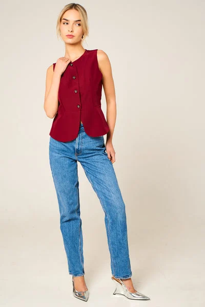 Wine Tailored Fitted Button Front Waistcoat - Viatara