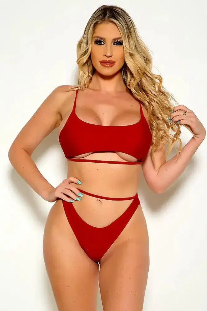 Wine Two Piece Cut Out Strappy Swimsuit
