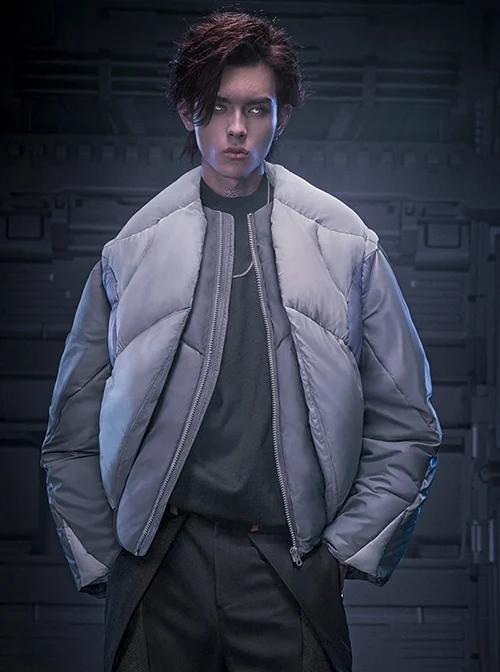 Winter Collarless Thickening Warm Gray Fake Two-piece Removable Sleeves Cyberpunk Long Sleeves Zipper Padded Jacket