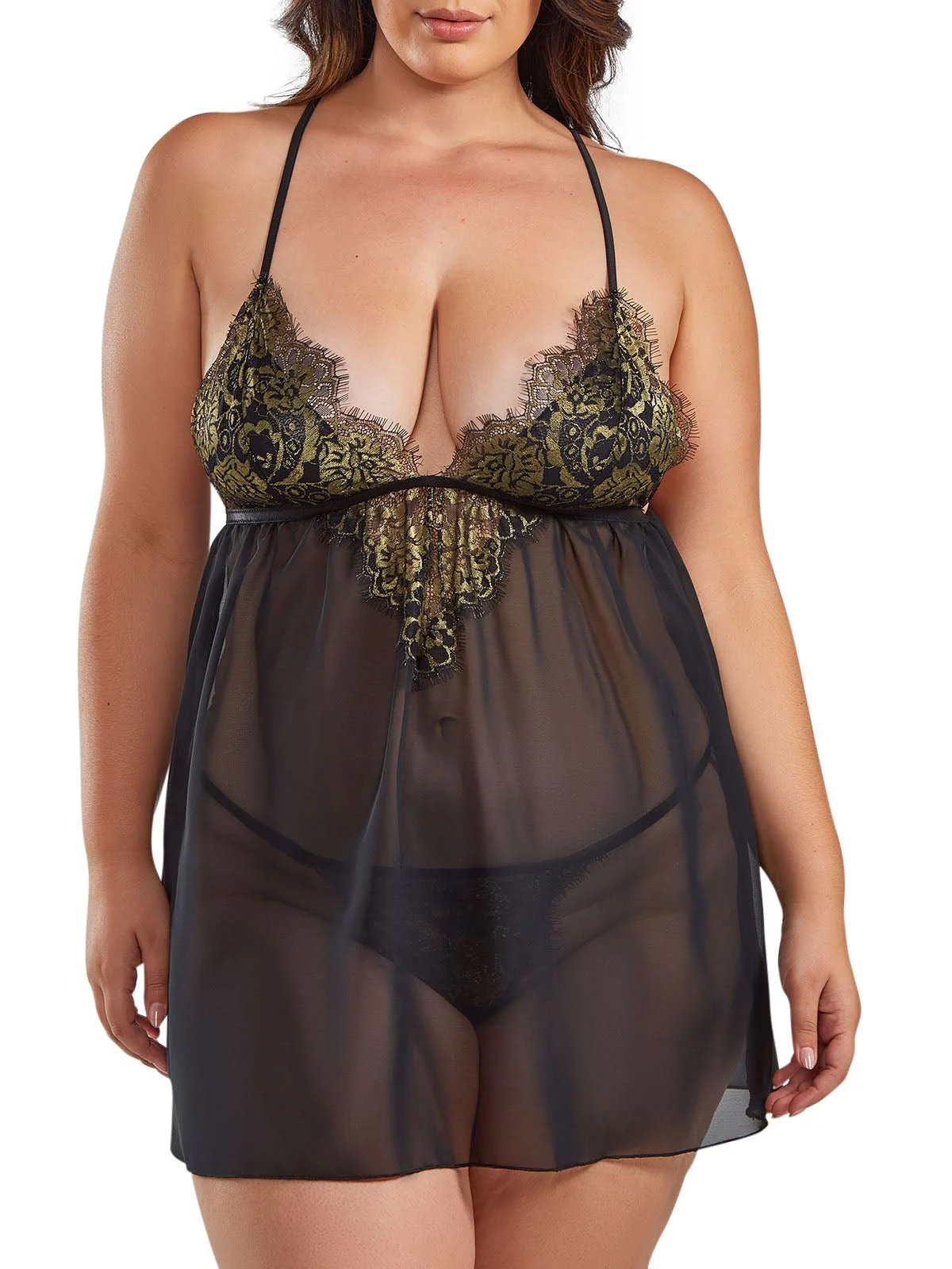 Women's Plus Size Plunging Sheer Babydoll
