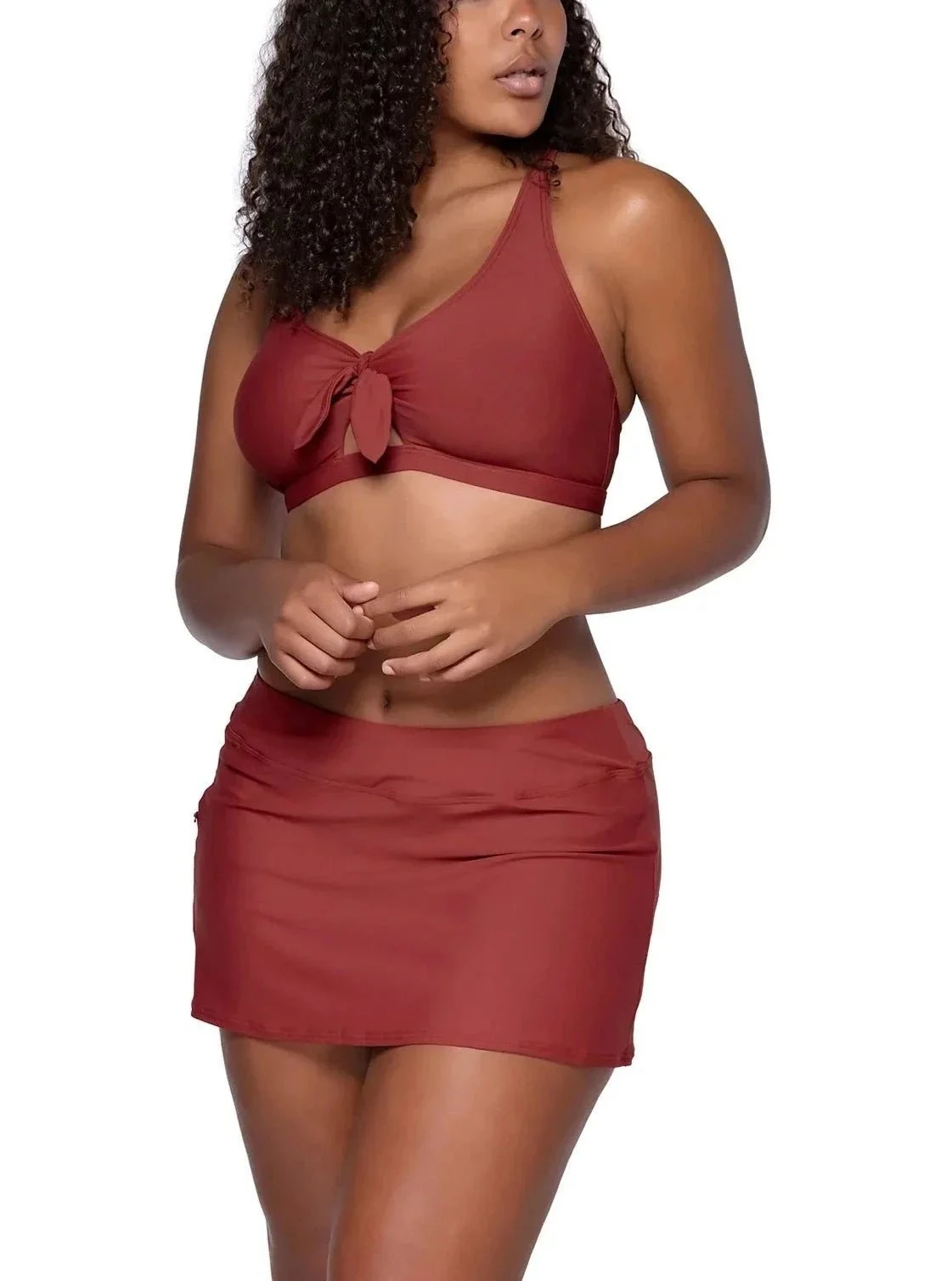 Women's Tuscan Red Sporty Mid-Rise Wide Waistband Swimwear Bikini Bottom Skirt