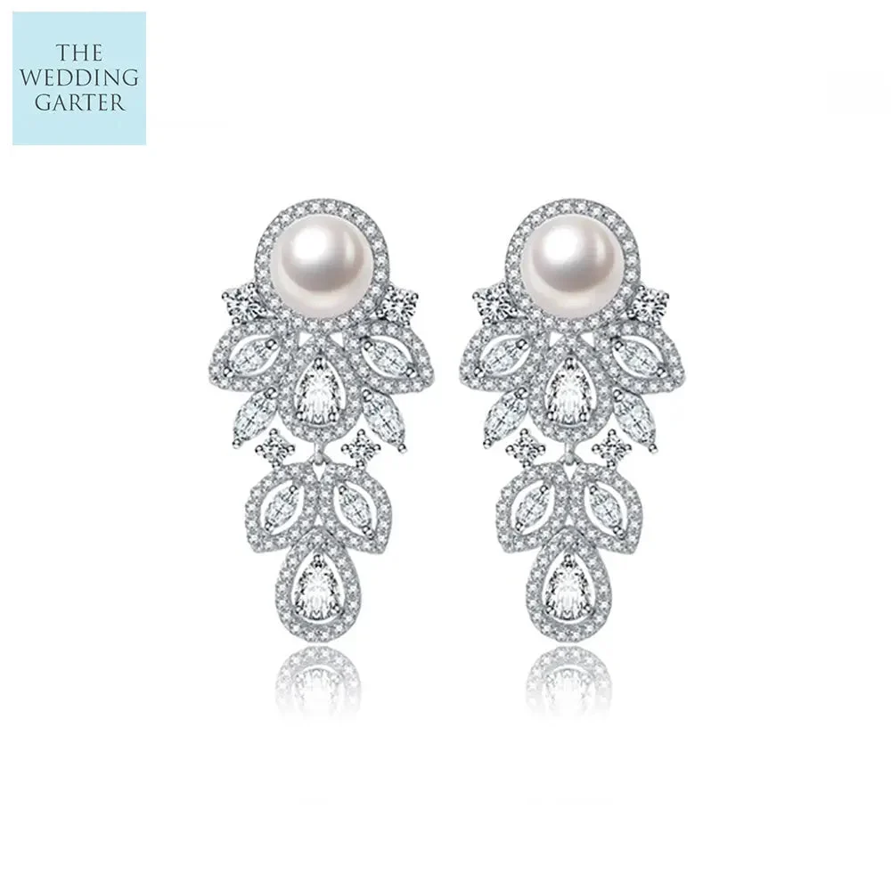 Womens Pearl & Cubic Zirconia Diamond Drop Bridal Earrings