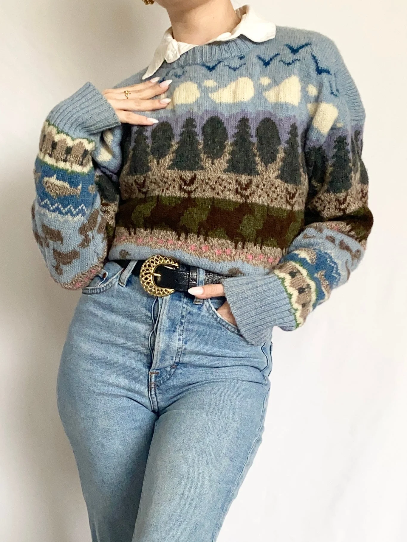 Wool Forest Scene Animal Sweater (S)