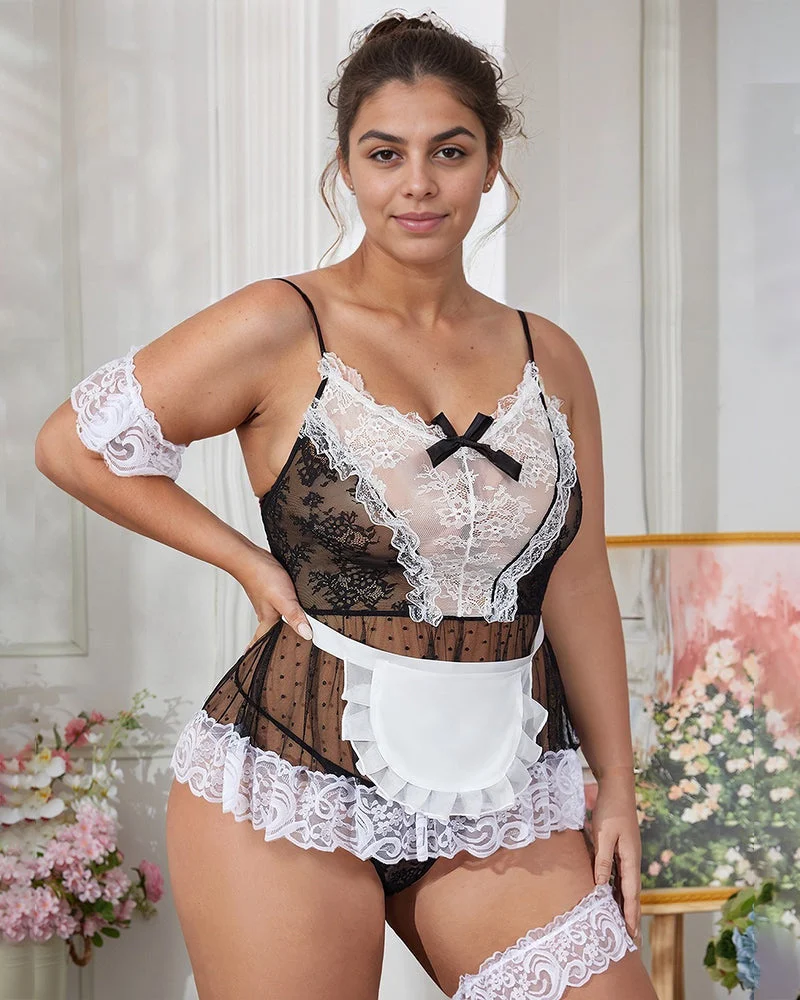 【XL】Plus Size Sheer Lace Patchwork Maid Set