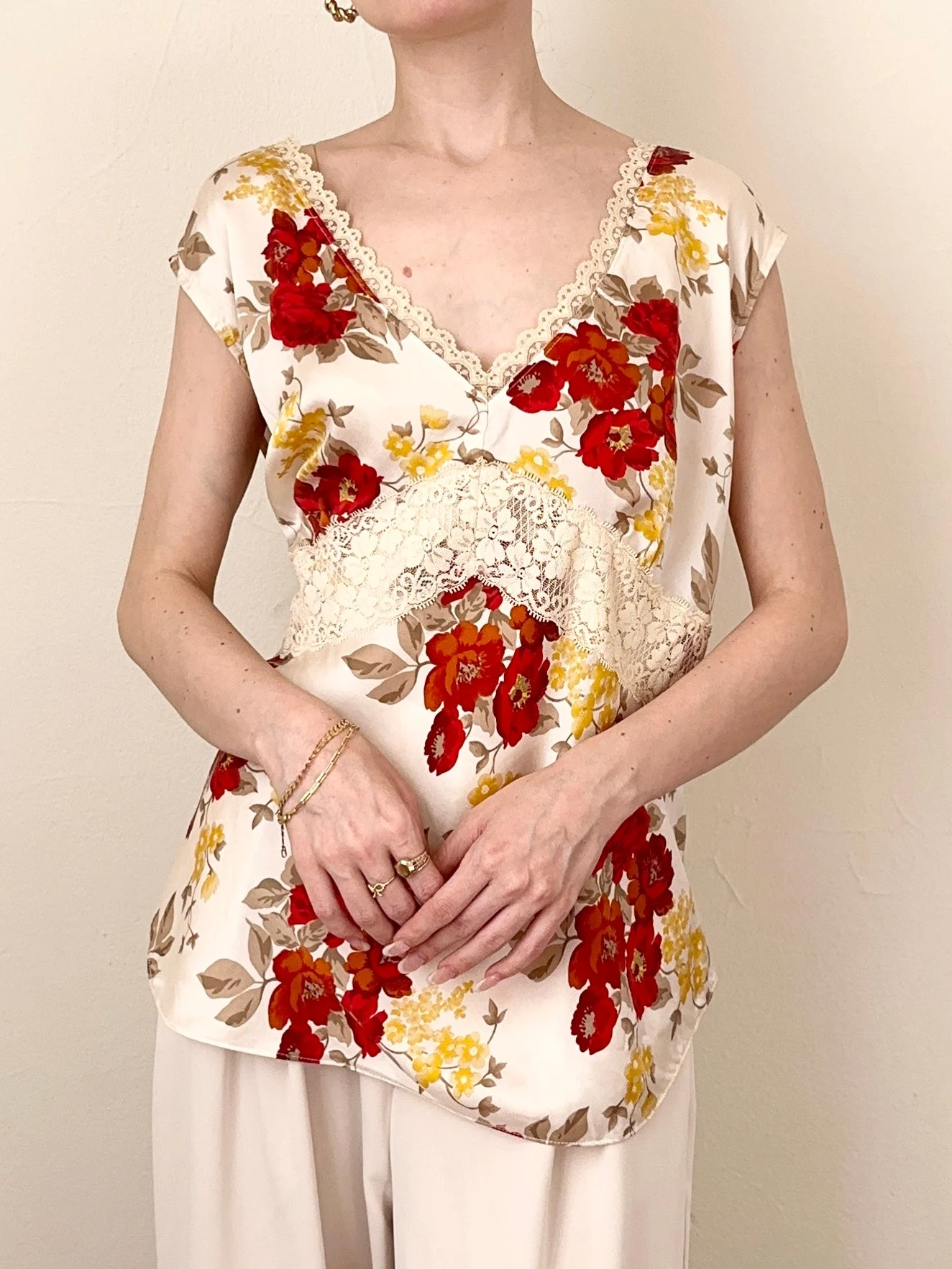 Y2K 2000s 100% Silk Lace Trim Floral Blouse (XL)