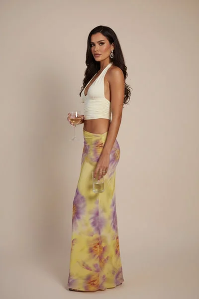 Yellow Floral Print Maxi Skirt & Halter Neck Top Co-ord Set- Jaune