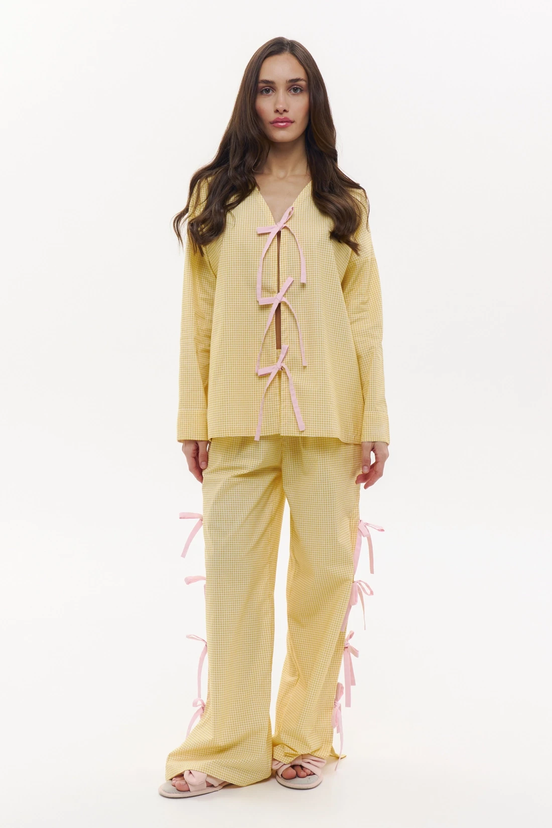 Yellow Tie Up Cotton Pyjamas in Gingham Check