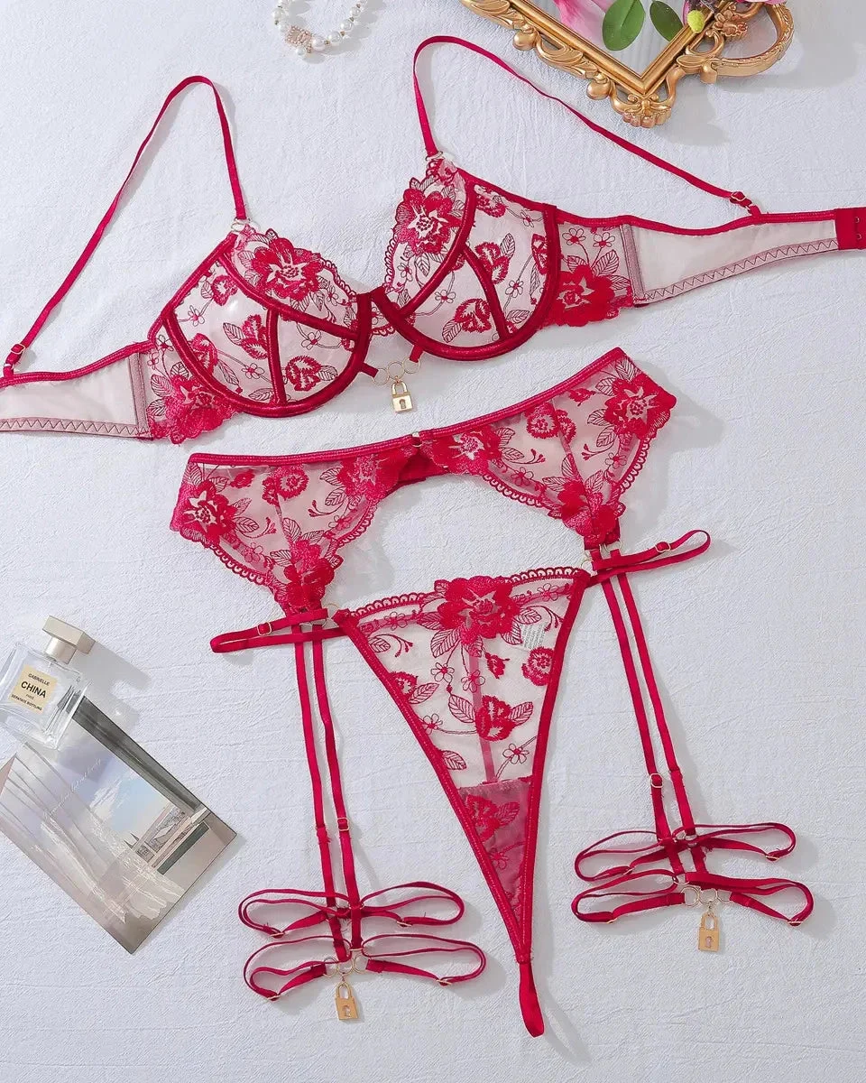 You Hold the Key Lace Bra, G-String, and Garter Belt Set - Red S, M, L