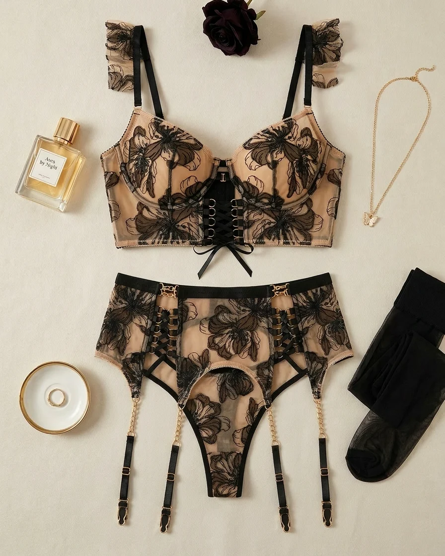 You’re My Weakness – Black & Gold Lace Bustier Lingerie Set