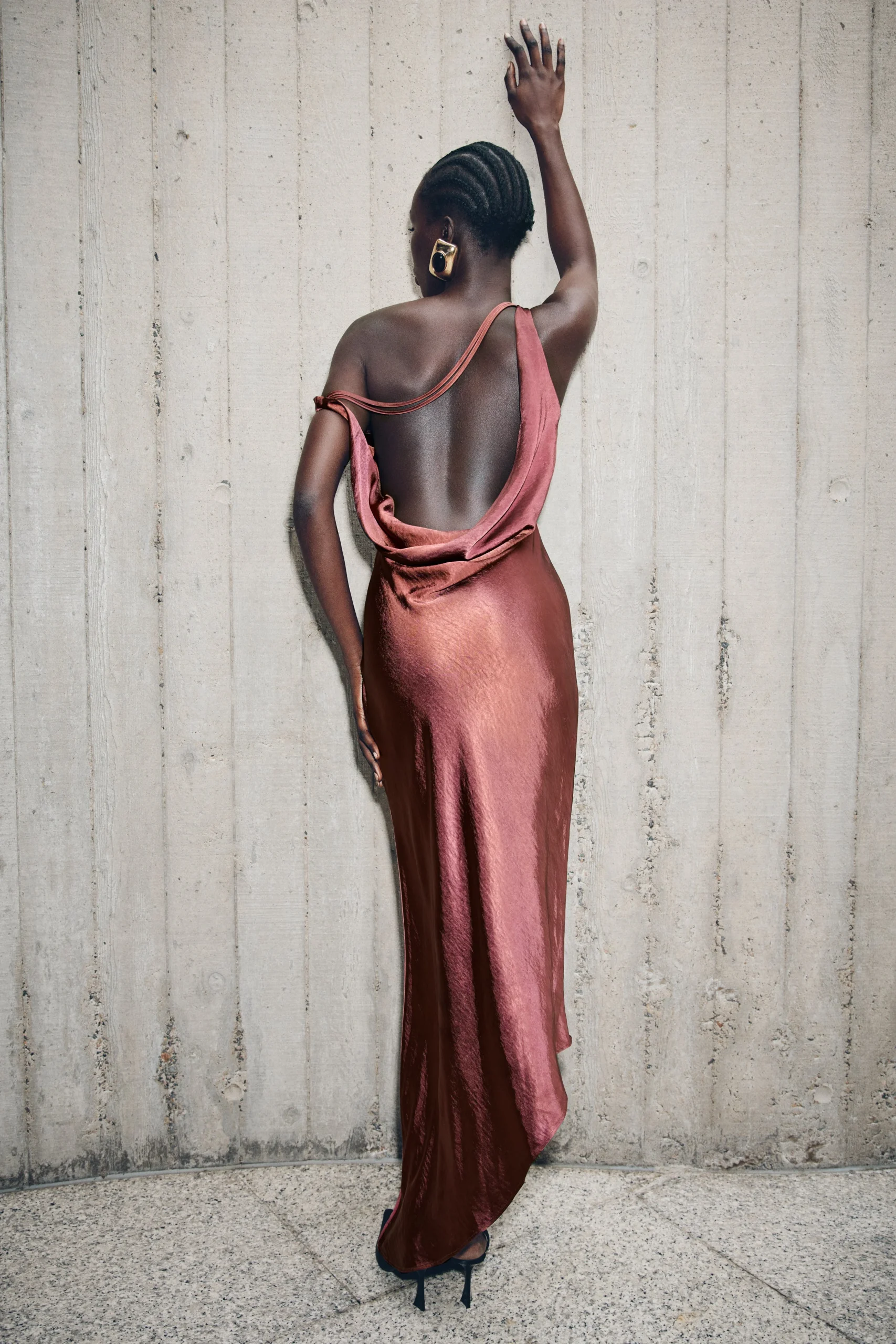 YvetteFINAL SALESlip Maxi Dress With Asymmetrical Hem - Brown Cherry