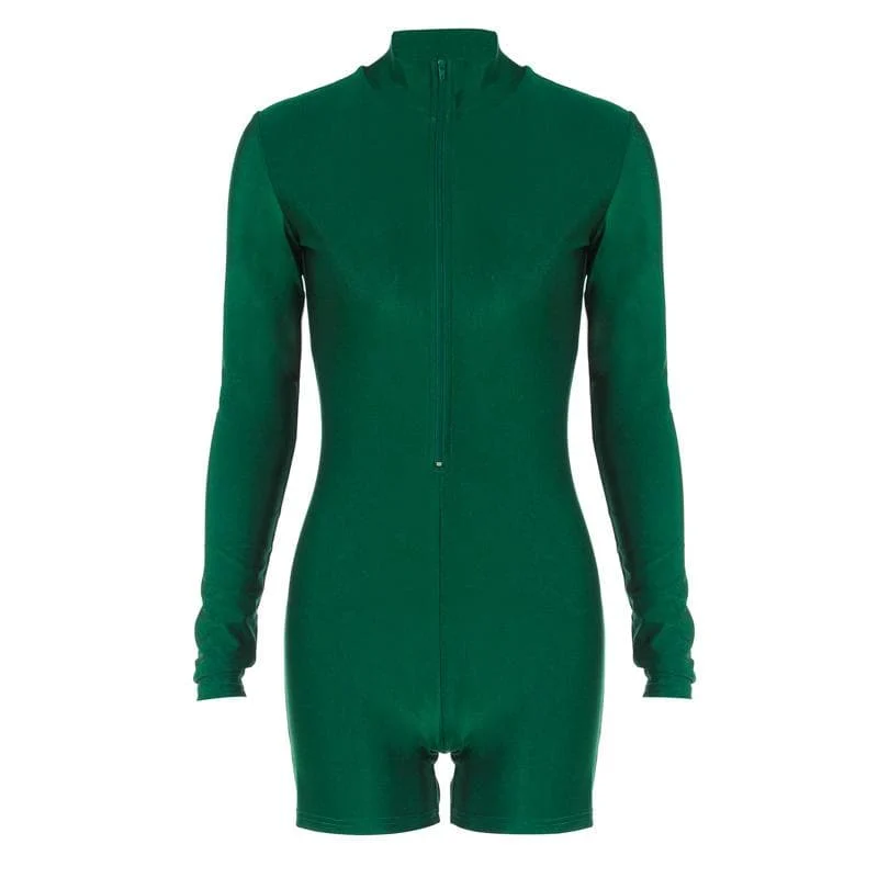 Zip-up solid long sleeve high neck romper