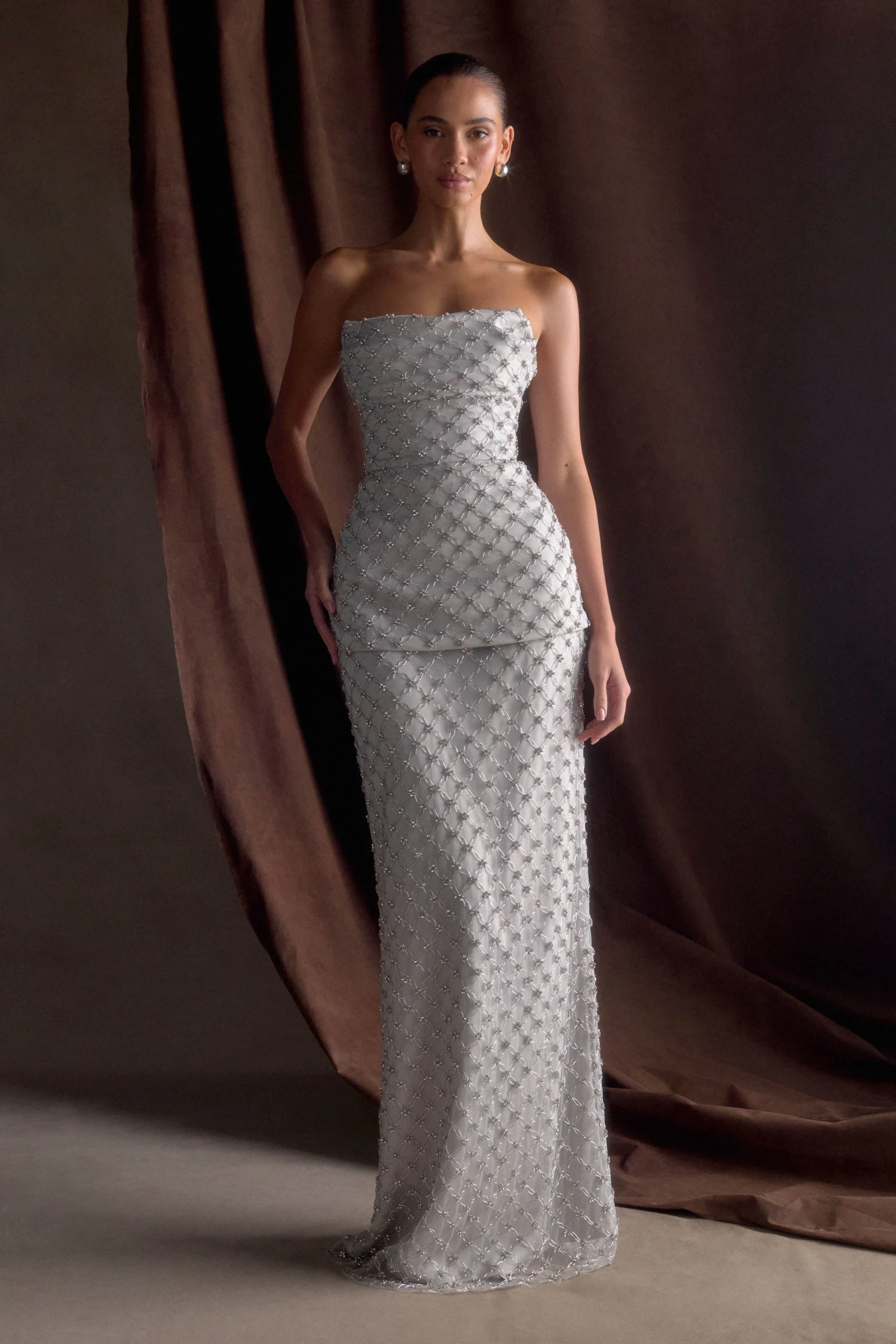 ZuriHand Beaded Embellished Maxi Skirt - Silver